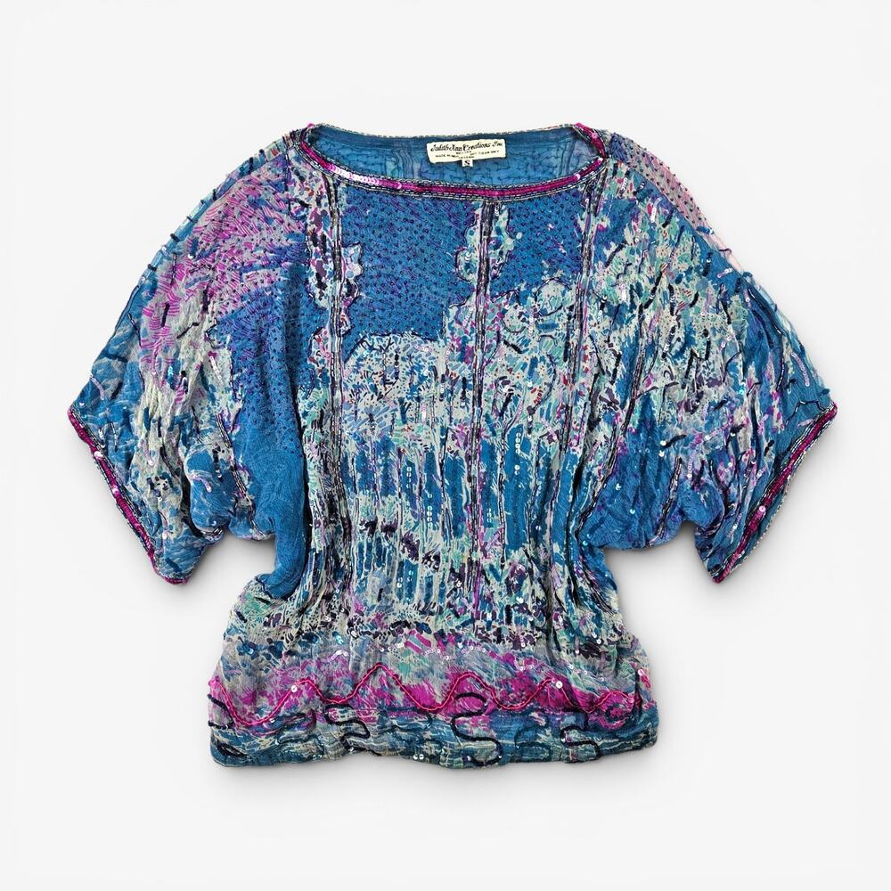 Vintage Silk Fairycore Top Beaded Sequin Batwing Boho - Small